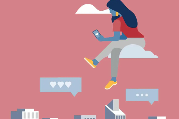 An animated lady checking options for healthcare in social media 
